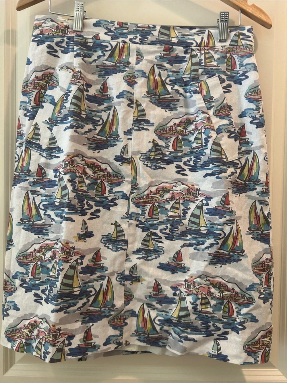 Nine West Women’s Linen Blend Sailboat Print Skirt lined zip back pockets size 8